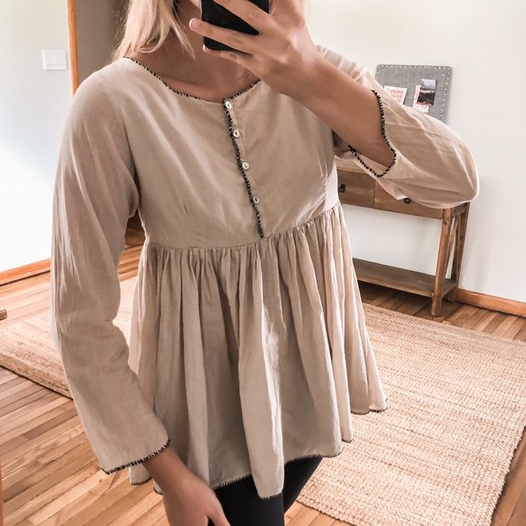 Matta Tops - Matta 100% Cotton Boho Cream Scoop Neck Button Front Peplum Lightweight Blouse M